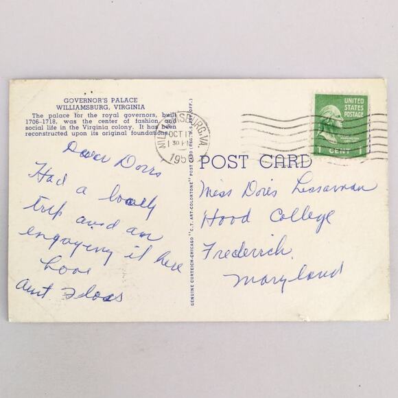 Governor's Palace Williamsburg Virginia 1940s Linen Postcard VA PC 1950 - Picture 2 of 2